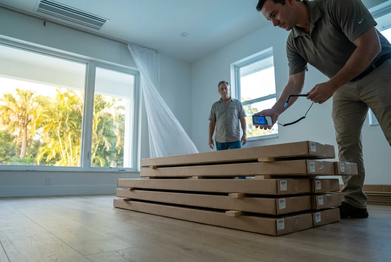 Flooring professional checks indoor humidity as sealed cartons acclimate in living room