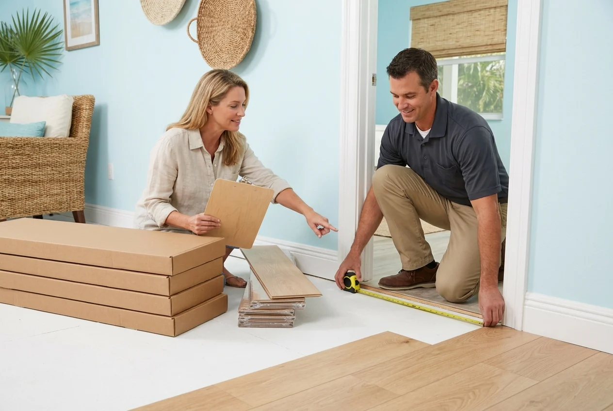 Homeowner and contractor verify flooring quantities and layout before installation
