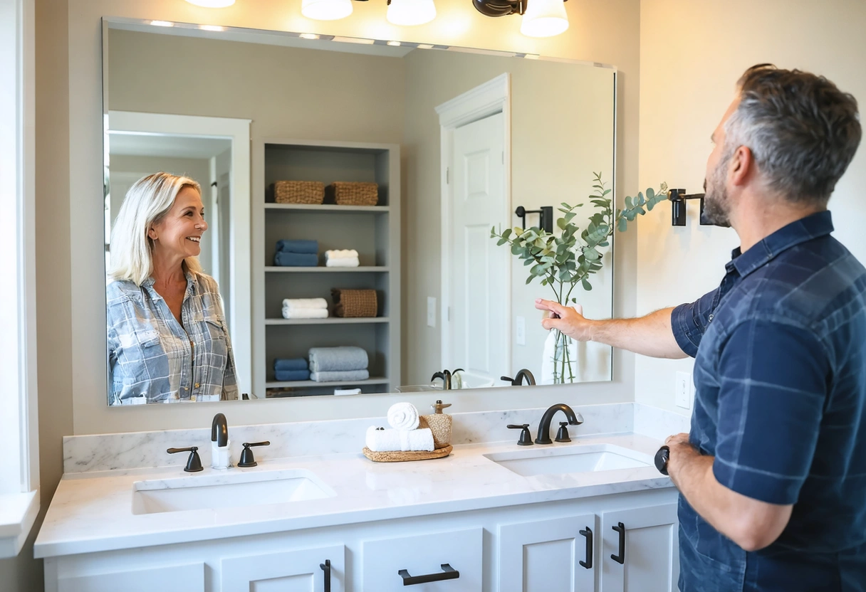 Remodeled bathroom vanity with moisture-aware cabinetry and smart storage