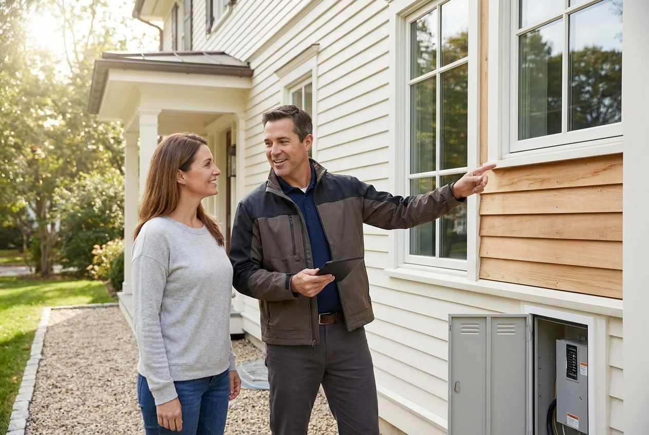 Contractor and homeowner reviewing durable materials and maintenance tradeoffs at a table