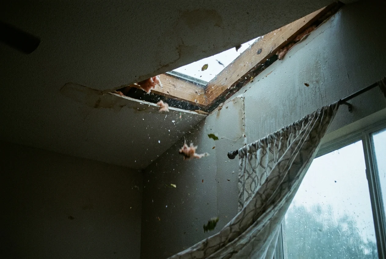 Damaged Florida home interior with wind-driven rain entering through roof failure