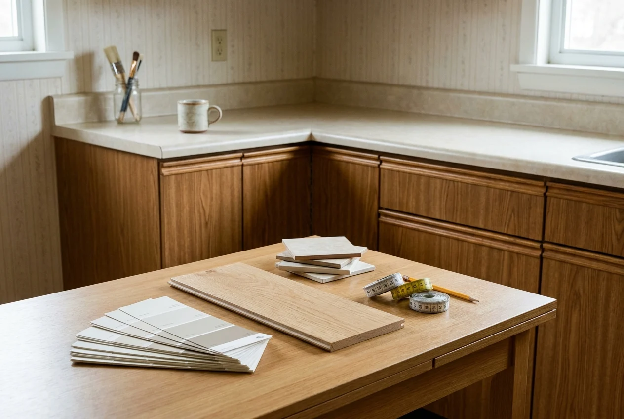 Neat interior with sample materials and intact finishes for cosmetic updates