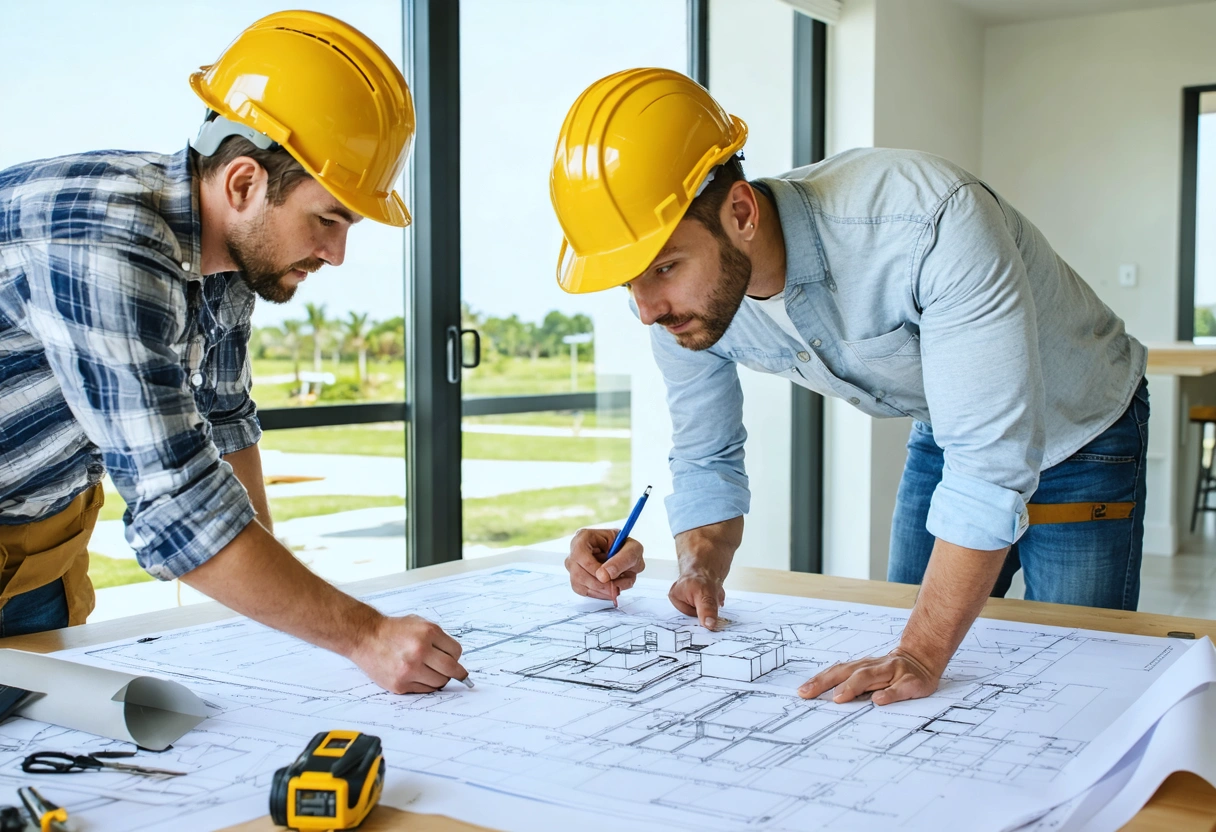 featured-hero-image-for-a-florida-3ToYJg Contractor and homeowner reviewing hurricane-ready home plans and model