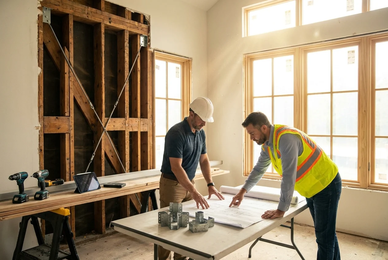 Contractor and consultant reviewing upgraded hurricane-resistant roof connections in a modern home