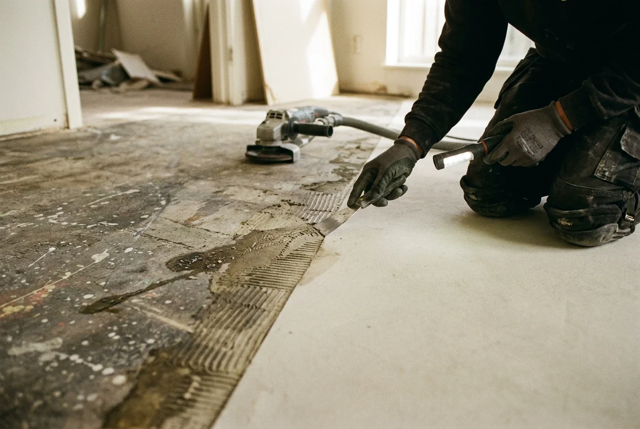 Flooring specialist inspects contaminated and prepared sections of an older concrete slab
