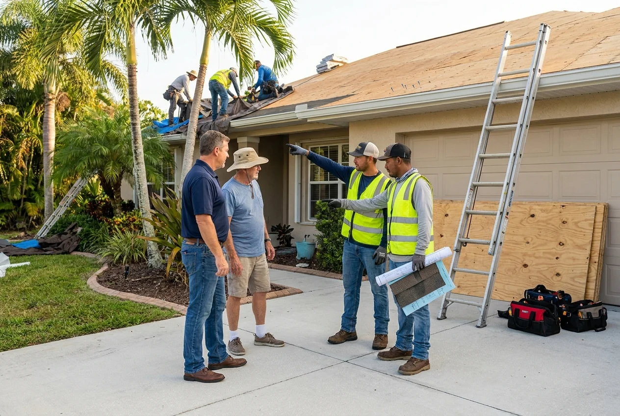 Florida roofing team and homeowner discussing reroof attachment upgrades on a jobsite
