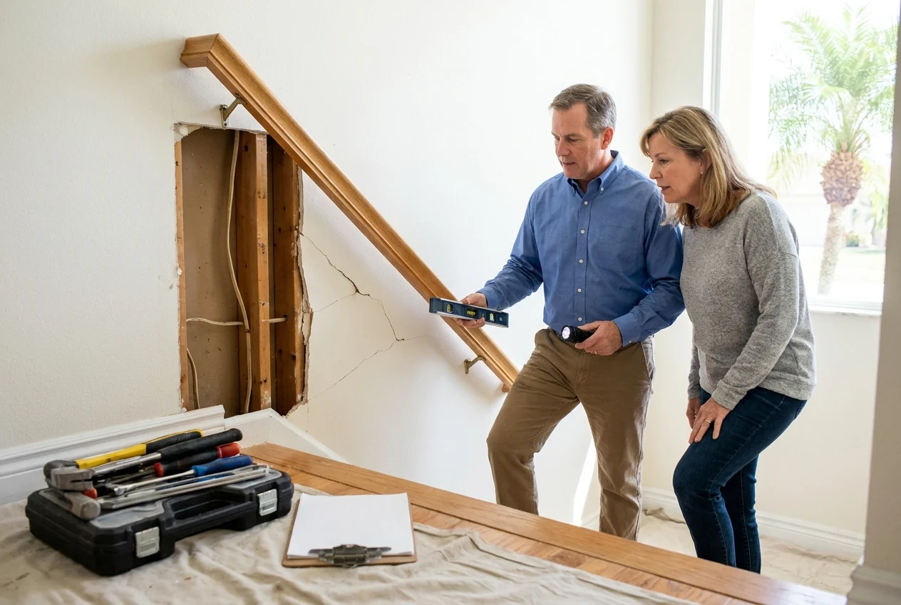 Contractor and homeowner inspect a loose stair rail and damaged wall
