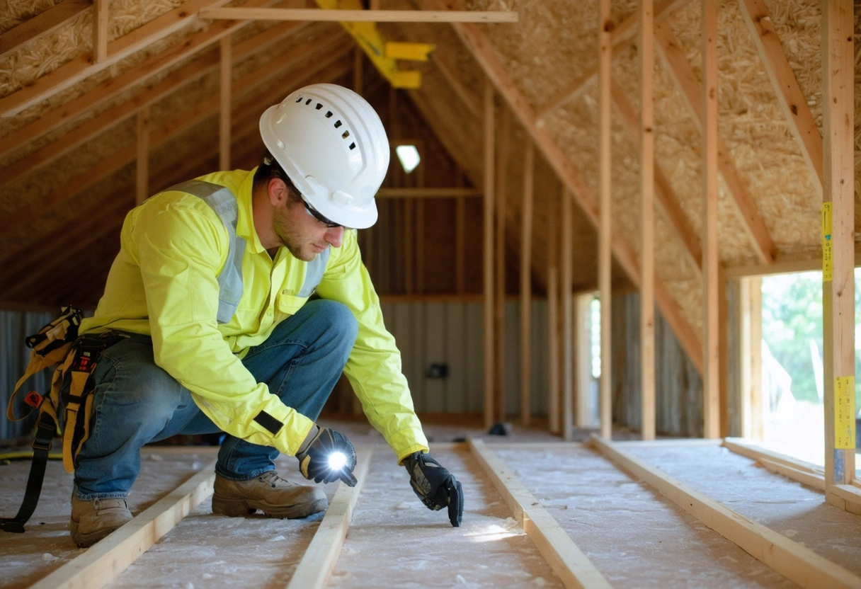 Contractor inspecting attic hurricane straps and truss connections in a Florida home