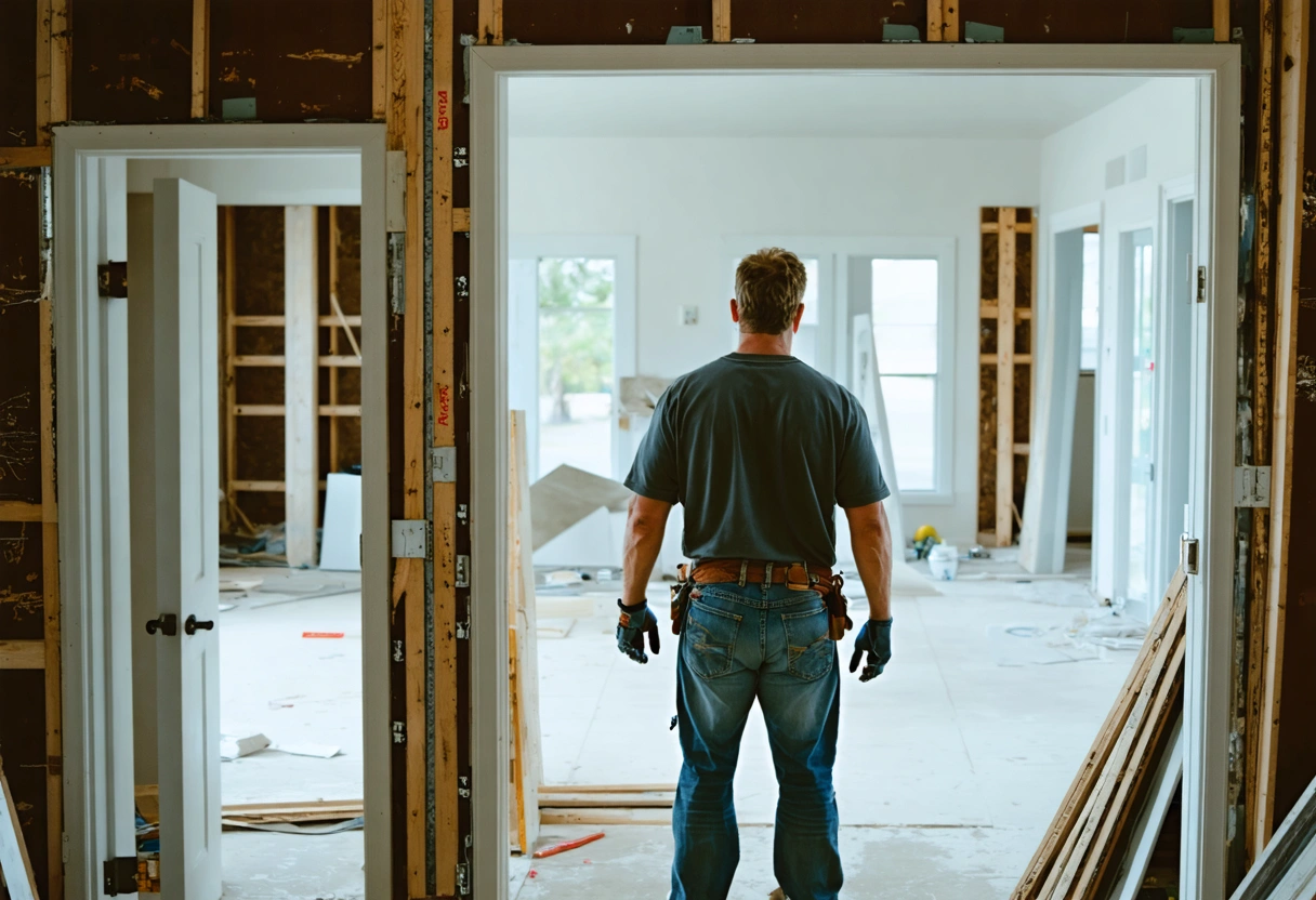 Contractor reviews opened walls and new flooring during a renovation