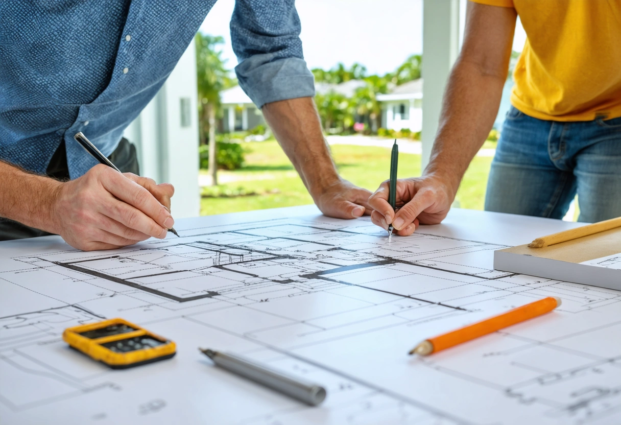 Contractor and homeowner review material samples and floor plans at a table