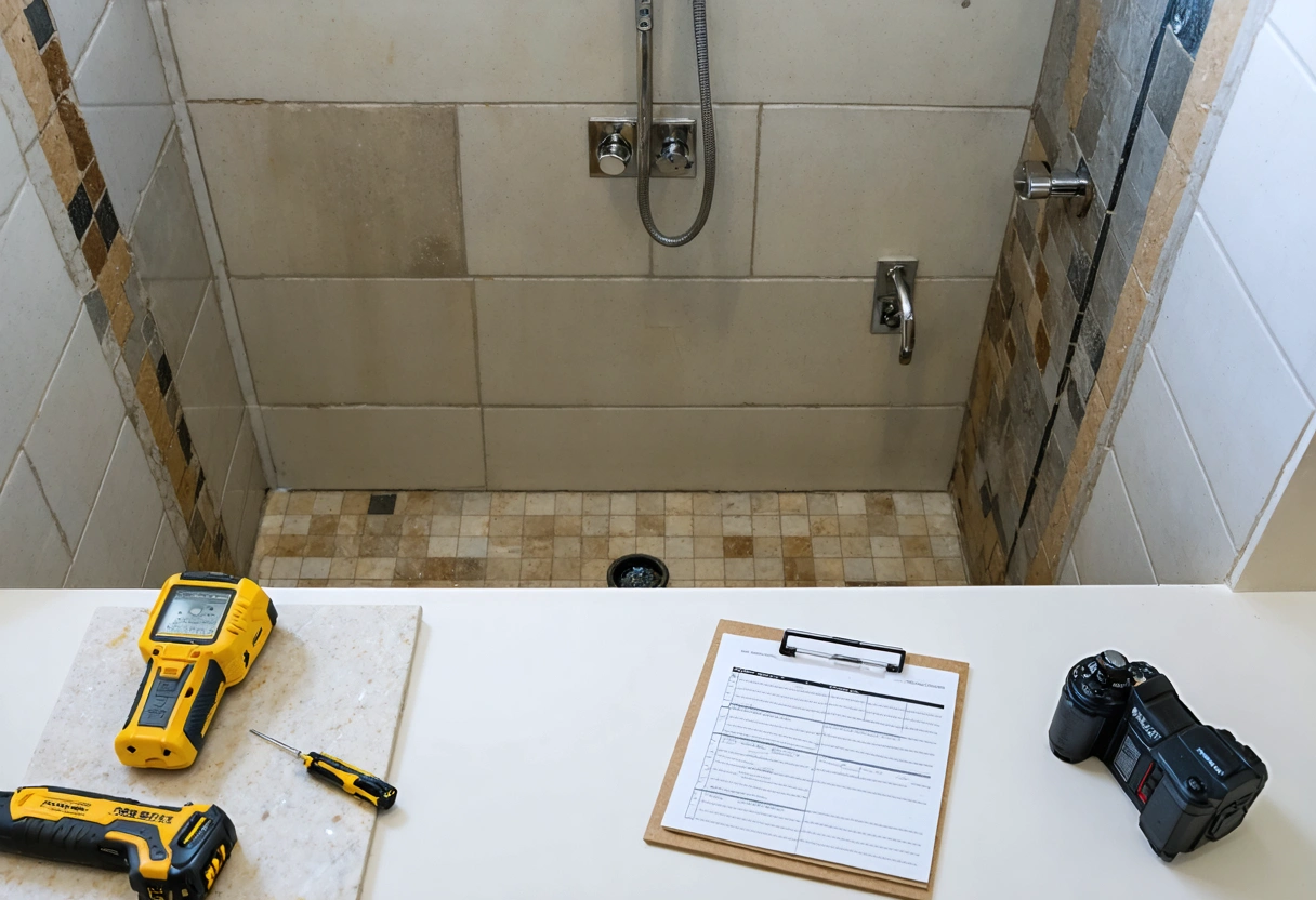Contractor reviewing waterproofing layers and tile samples in shower build