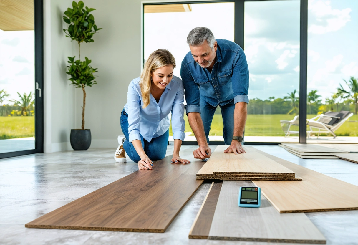 photorealistic-editorial-hero-image-of-a-uVxx3z Homeowners compare moisture-resistant flooring samples with a contractor indoors
