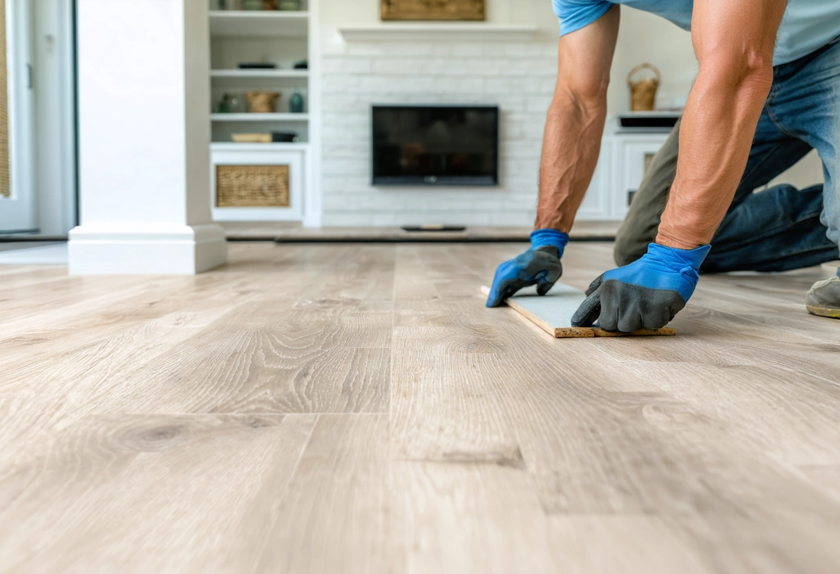 Installer fits floating wood-look planks with expansion spacers around fixed elements