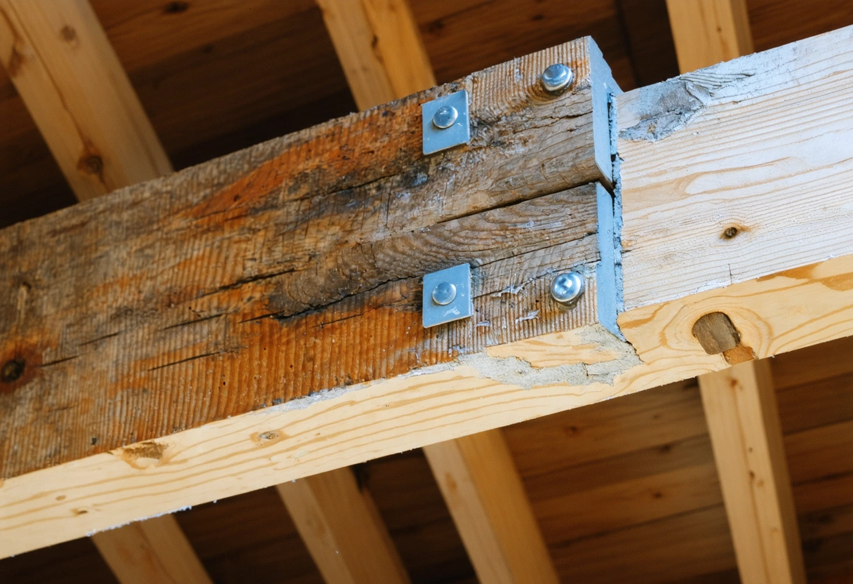Close-up of intact hurricane connector beside damaged attic wood framing