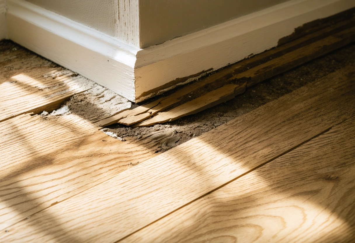Warped hardwood floor near moisture-damaged baseboard in a Florida home