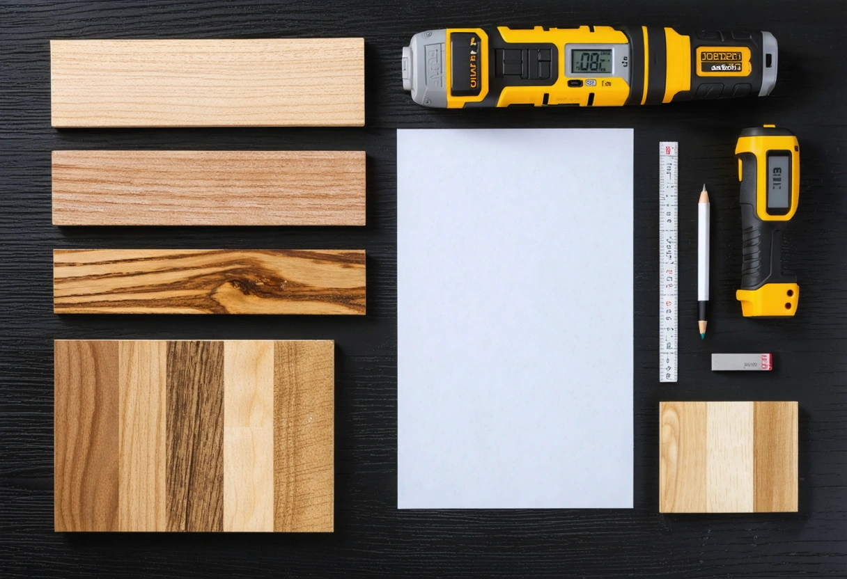 Hands compare engineered wood and laminate samples on organized planning table
