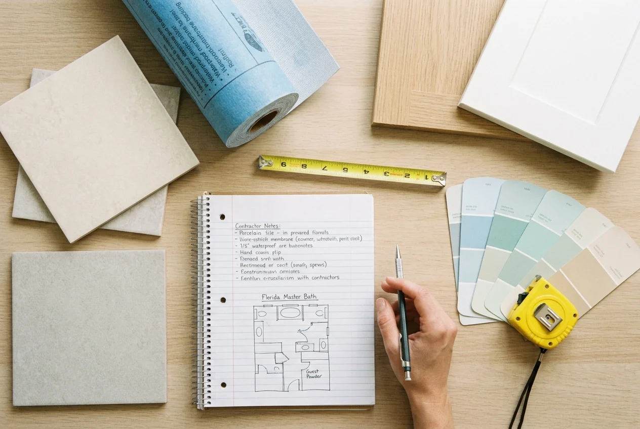 Flat lay of bathroom remodel materials, tools, and floor plan