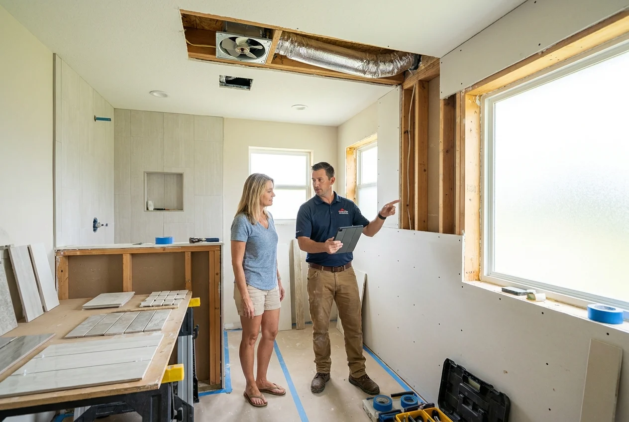 wide-hero-shot-of-a-florida-5ZZ2vO Contractor and homeowner reviewing a bathroom renovation plan in bright daylight