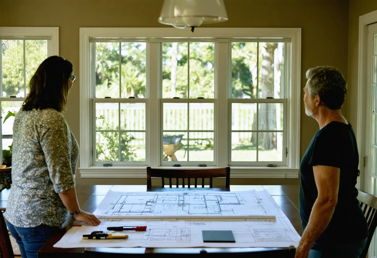 Impact-resistant windows protecting a coastal home during heavy rain