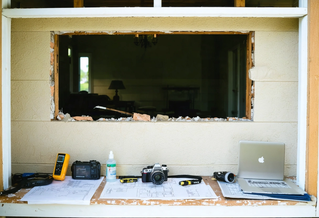 Specialist inspects exposed wall framing for suspected unpermitted construction