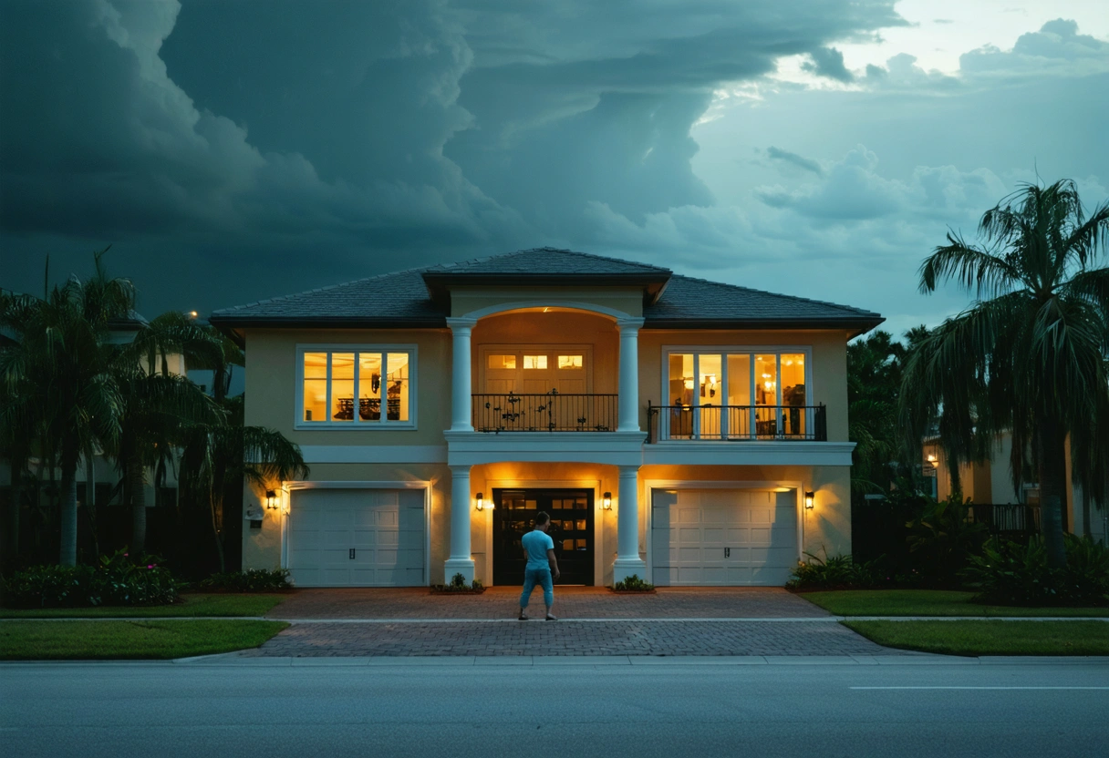 Homeowner and contractor inspect hurricane-ready coastal home beneath darkening skies