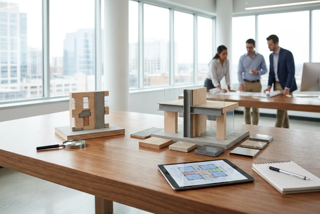 Renovation plans and repair estimates arranged on a worktable