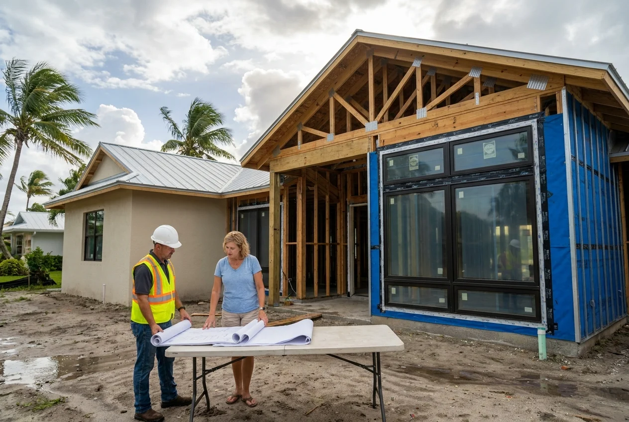 photographic-cinematic-wide-hero-scene-of-oU9843 Contractor and homeowner review plans beside a storm-ready coastal home