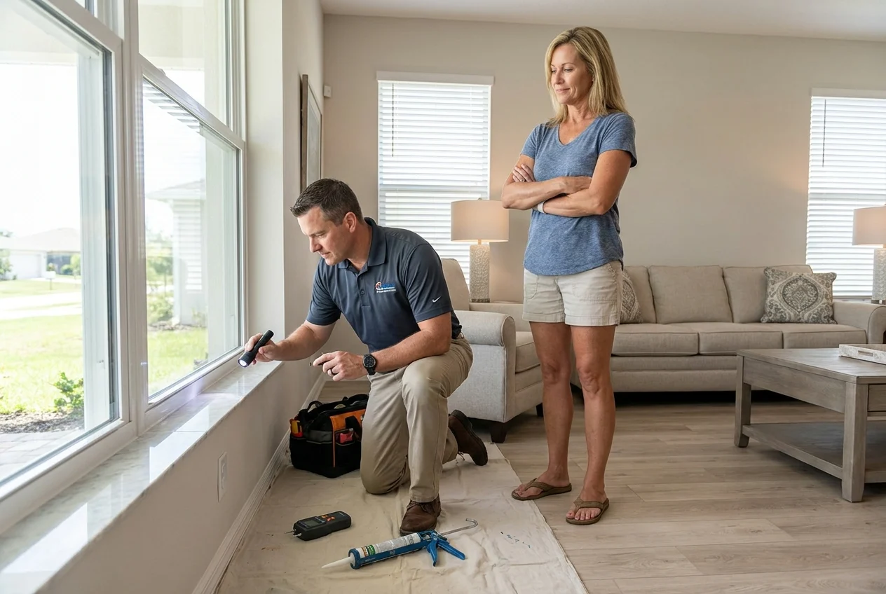 Homeowner securing accordion shutters before an approaching hurricane