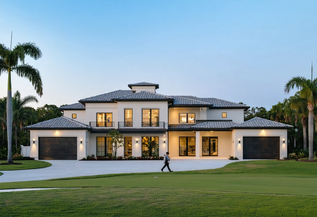photorealistic-cinematic-wide-hero-image-of-HKWI3N Couple and contractor discuss details outside a harmonious expanded Florida home