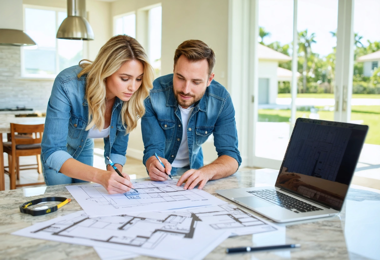 Contractor reviews renovation plans and material samples with Florida homeowner