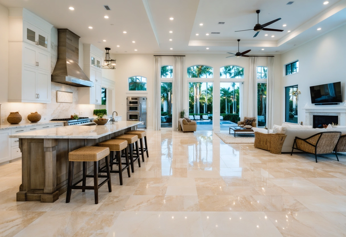 Matte porcelain tile anchors an airy coastal kitchen with tropical patio views