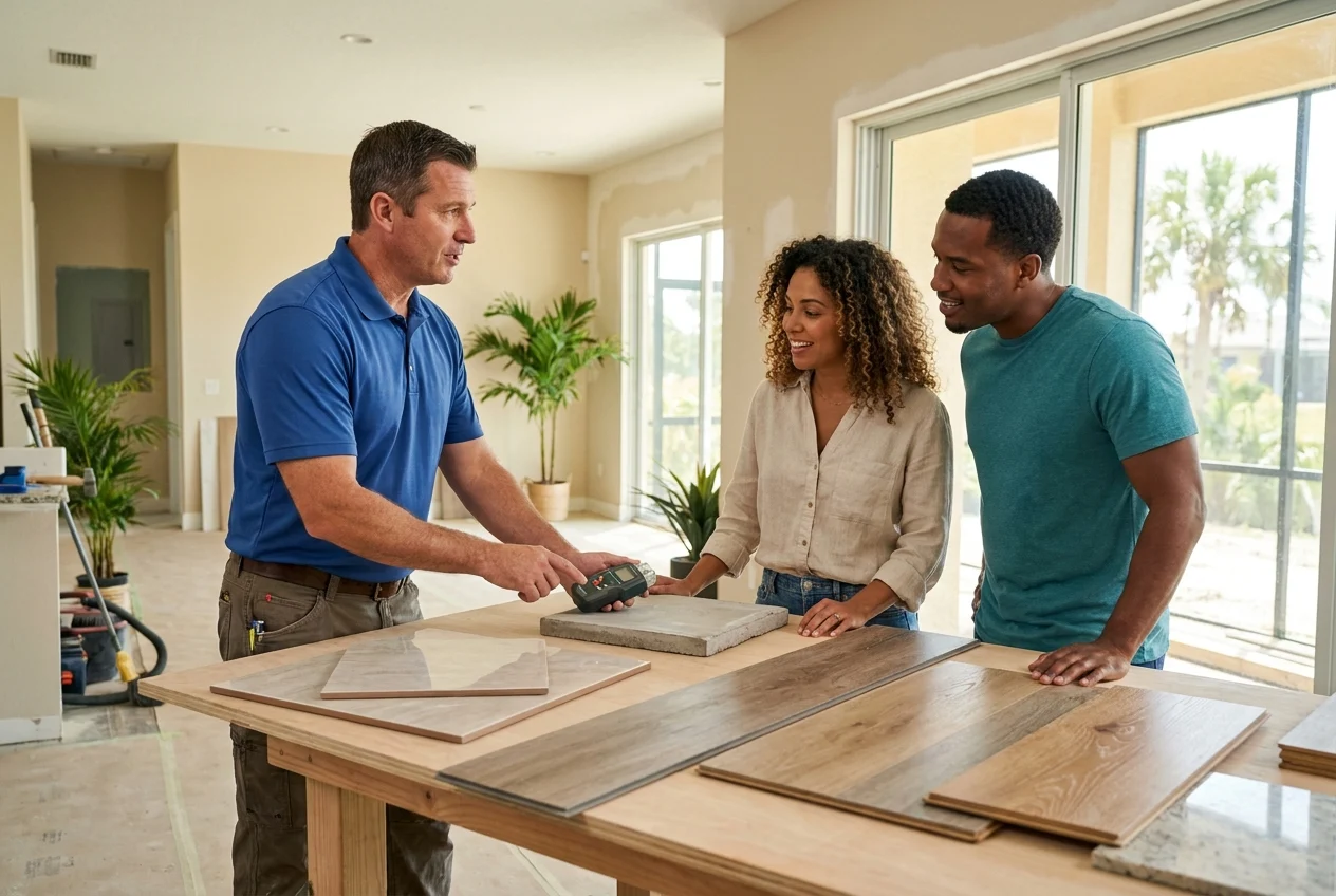 Contractor guides homeowners through flooring choices in a bright coastal home