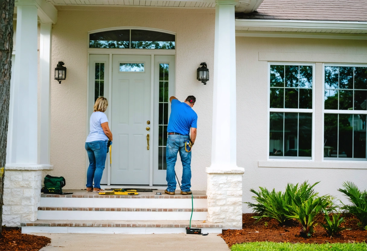 Homeowner and contractor inspect a coastal homes door and window frames