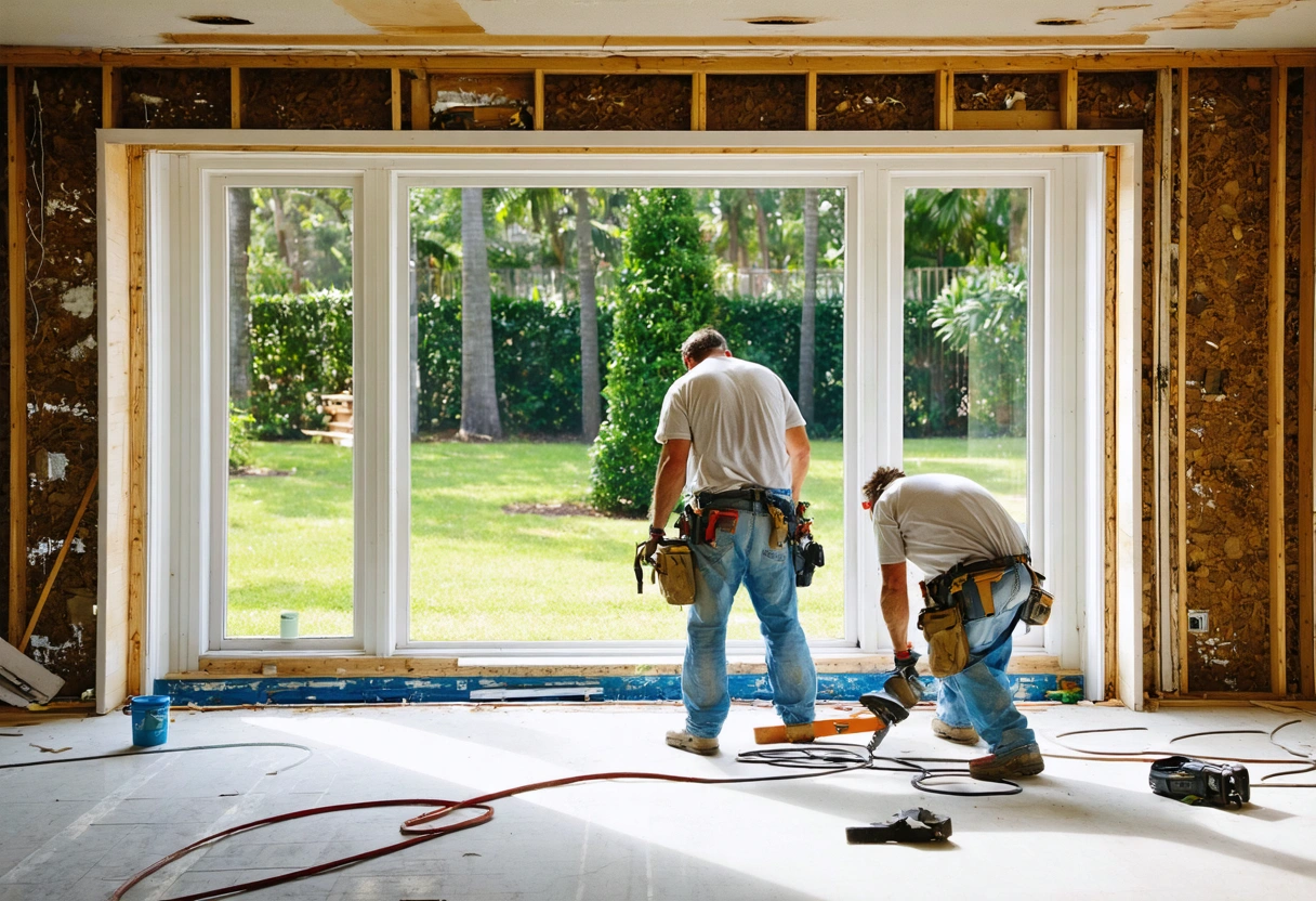 Contractor measuring a window opening for replacement hurricane-resistant glass